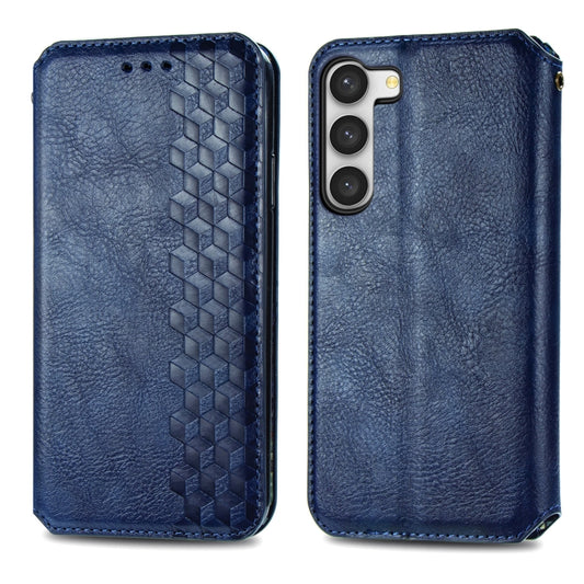 For Samsung Galaxy S23 5G Cubic Grid Pressed Magnetic Leather Phone Case(Blue) by bashfashion