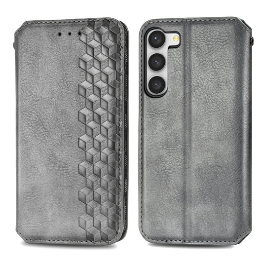 For Samsung Galaxy S23 5G Cubic Grid Pressed Magnetic Leather Phone Case(Gray) by bashfashion