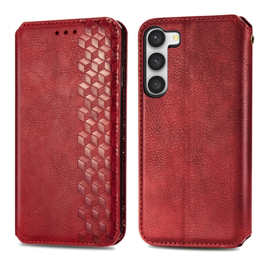 For Samsung Galaxy S23 5G Cubic Grid Pressed Magnetic Leather Phone Case(Red) by bashfashion