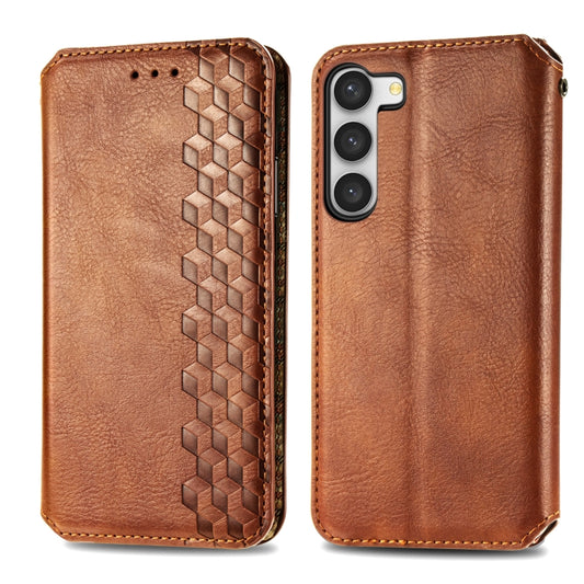 For Samsung Galaxy S23+ 5G Cubic Grid Pressed Magnetic Leather Phone Case(Brown) by bashfashion