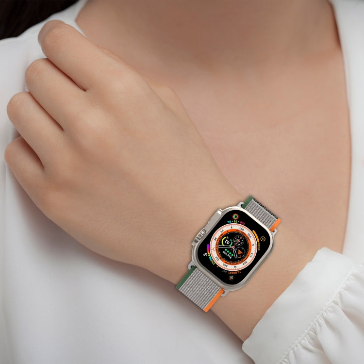 Double Color Nylon Hook and Loop Fastener Watch Band For Apple Watch Series 8&7 45mm / SE 2&6&SE&5&4 44mm / 3&2&1 42mm(Orange+Army green) by bashfashion