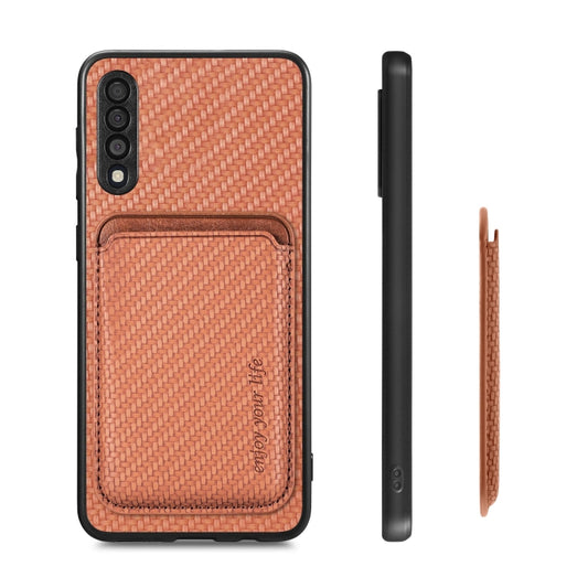 For Samsung Galaxy A50 Carbon Fiber Leather Card Magsafe Case(Brown) by bashfashion