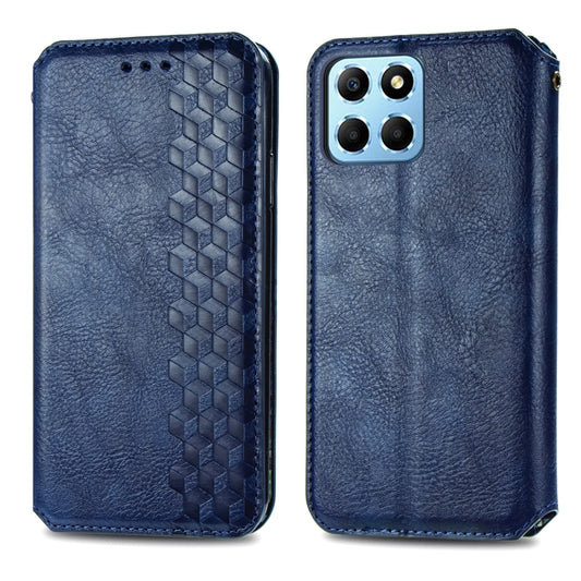 For Honor X8 5G Cubic Grid Pressed Magnetic Leather Phone Case(Blue) by bashfashion