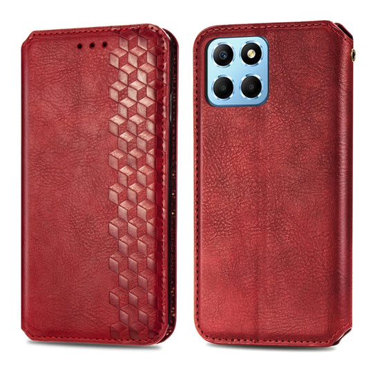 For Honor X8 5G Cubic Grid Pressed Magnetic Leather Phone Case(Red) by bashfashion
