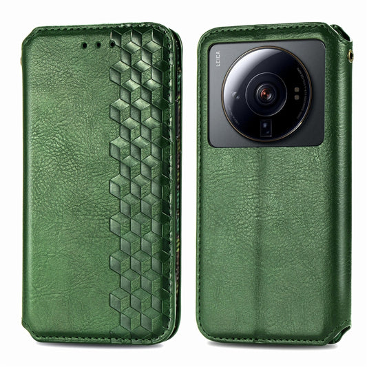 For Xiaomi 12S Ultra Cubic Grid Pressed Magnetic Leather Phone Case(Green) by bashfashion
