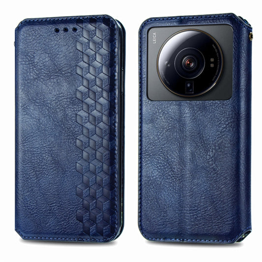 For Xiaomi 12S Ultra Cubic Grid Pressed Magnetic Leather Phone Case(Blue) by bashfashion