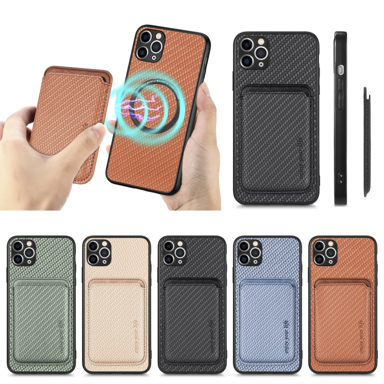For iPhone 11 Carbon Fiber Leather Card Magsafe Magnetic Phone Case(Khaki) by bashfashion