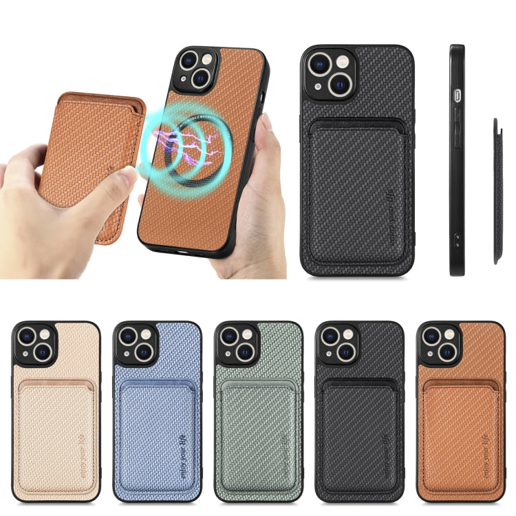 For iPhone 14 Pro Max Carbon Fiber Leather Card Magsafe Magnetic Phone Case(Khaki) by bashfashion