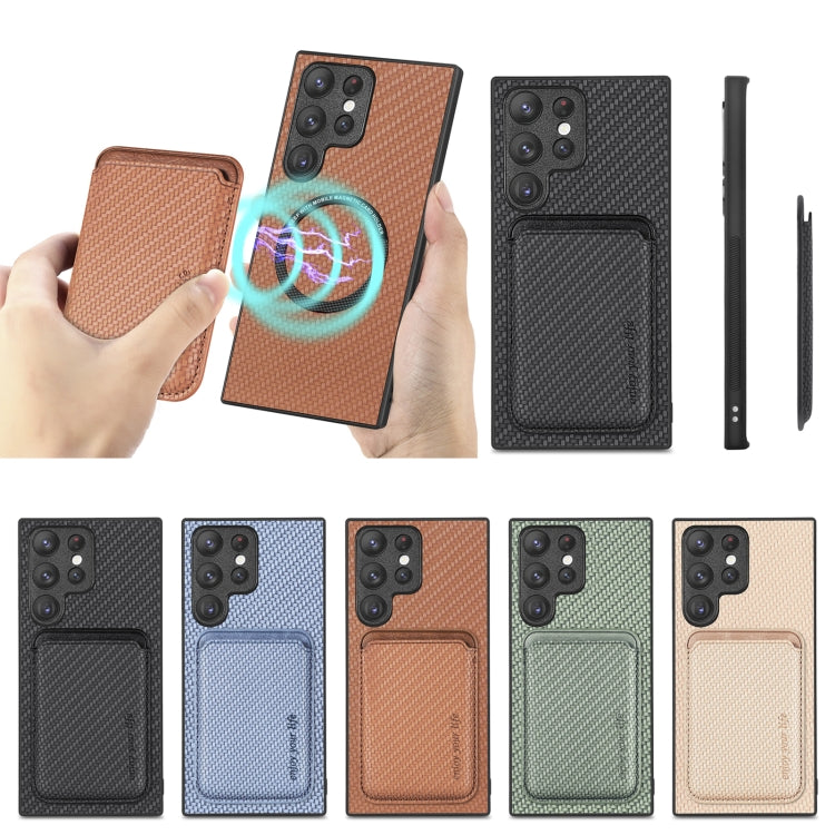For Samsung Galaxy S22 Ultra 5G Carbon Fiber Leather Card Magsafe Magnetic Phone Case(Brown) by bashfashion