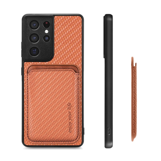 For Samsung Galaxy S21 Ultra 5G Carbon Fiber Leather Card Magsafe Magnetic Phone Case(Brown) by bashfashion