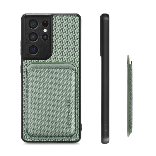 For Samsung Galaxy S21 Ultra 5G Carbon Fiber Leather Card Magsafe Magnetic Phone Case(Green) by bashfashion