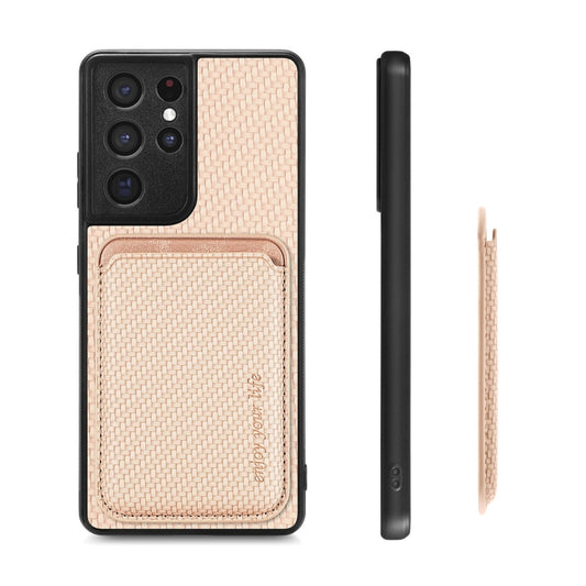 For Samsung Galaxy S21 Ultra 5G Carbon Fiber Leather Card Magsafe Magnetic Phone Case(Khaki) by bashfashion
