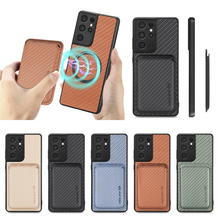 For Samsung Galaxy S21 Ultra 5G Carbon Fiber Leather Card Magsafe Magnetic Phone Case(Blue) by bashfashion