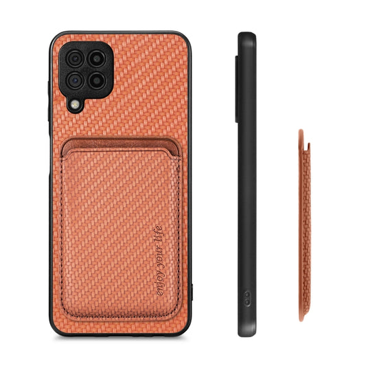 For Samsung Galaxy A22 4G Carbon Fiber Leather Card Magsafe Magnetic Phone Case(Brown) by bashfashion