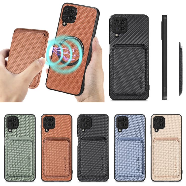 For Samsung Galaxy A22 4G Carbon Fiber Leather Card Magsafe Magnetic Phone Case(Khaki) by bashfashion