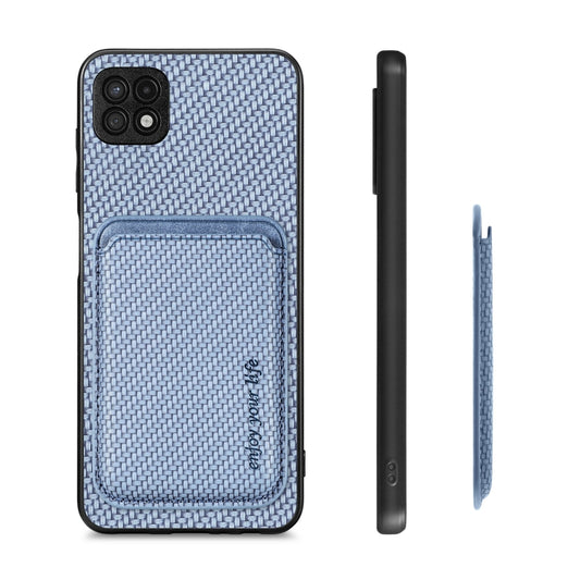For Samsung Galaxy A22 5G Carbon Fiber Leather Card Magsafe Magnetic Phone Case(Blue) by bashfashion