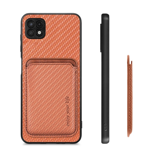 For Samsung Galaxy A22 5G Carbon Fiber Leather Card Magsafe Magnetic Phone Case(Brown) by bashfashion
