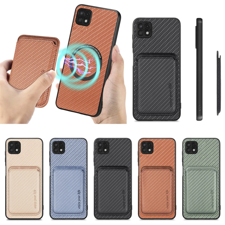 For Samsung Galaxy A22 5G Carbon Fiber Leather Card Magsafe Magnetic Phone Case(Khaki) by bashfashion