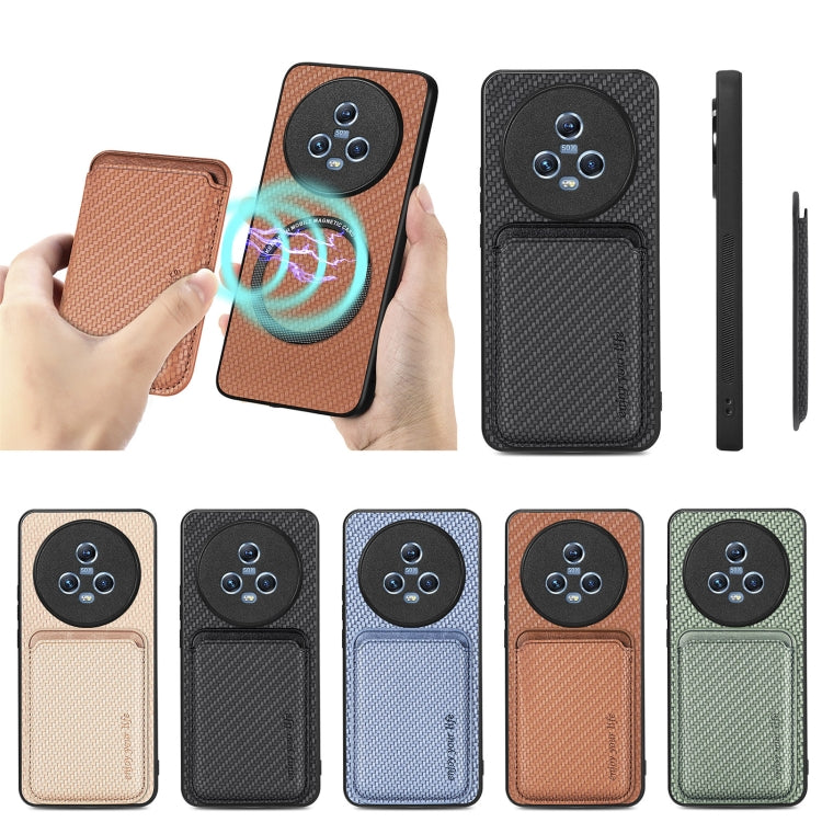 For Honor Magic5 Carbon Fiber Leather Card Magsafe Magnetic Phone Case(Brown) by bashfashion