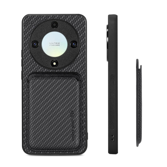 For Honor X9A Carbon Fiber Leather Card Magsafe Magnetic Phone Case(Black) by bashfashion
