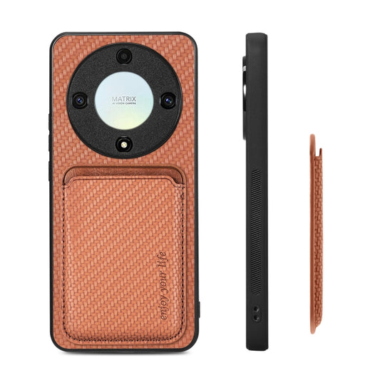 For Honor X9A Carbon Fiber Leather Card Magsafe Magnetic Phone Case(Brown) by bashfashion