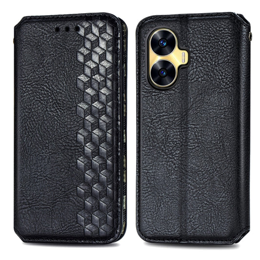 For Realme C55 Cubic Grid Pressed Magnetic Leather Phone Case(Black) by bashfashion
