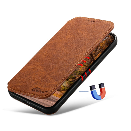 For iPhone 13 Pro Max Suteni J06 Retro Matte Litchi Texture Leather Magnetic Magsafe Phone Case(Khaki) by Suteni