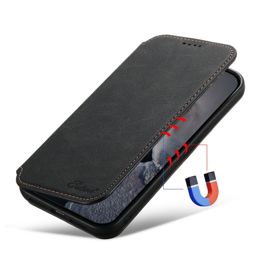 For iPhone 14 Plus Suteni J06 Retro Matte Litchi Texture Leather Magnetic Magsafe Phone Case(Black) by Suteni