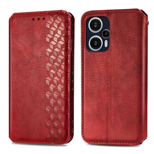 For Redmi Note 12 Turbo Cubic Grid Pressed Magnetic Leather Phone Case(Red) by bashfashion