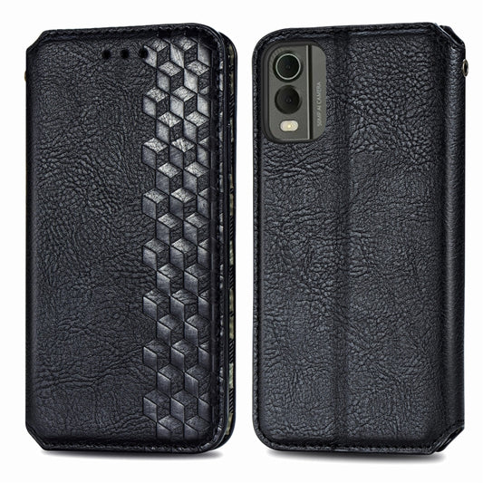 For Nokia C32 Cubic Grid Pressed Magnetic Leather Phone Case(Black) by bashfashion