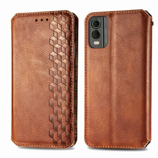 For Nokia C32 Cubic Grid Pressed Magnetic Leather Phone Case(Brown) by bashfashion