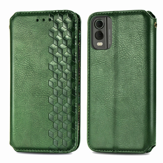 For Nokia C32 Cubic Grid Pressed Magnetic Leather Phone Case(Green) by bashfashion