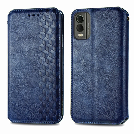 For Nokia C32 Cubic Grid Pressed Magnetic Leather Phone Case(Blue) by bashfashion