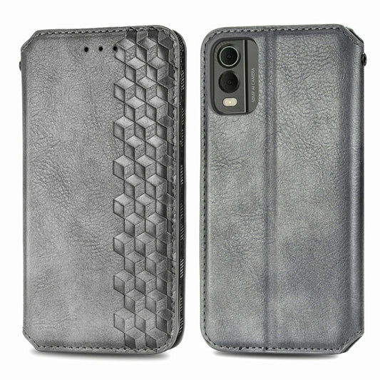 For Nokia C32 Cubic Grid Pressed Magnetic Leather Phone Case(Gray) by bashfashion