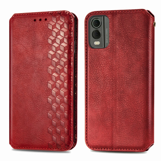For Nokia C32 Cubic Grid Pressed Magnetic Leather Phone Case(Red) by bashfashion