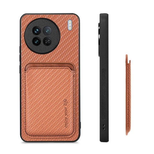 For vivo X90 Carbon Fiber Leather Card Magsafe Phone Case(Brown) by bashfashion
