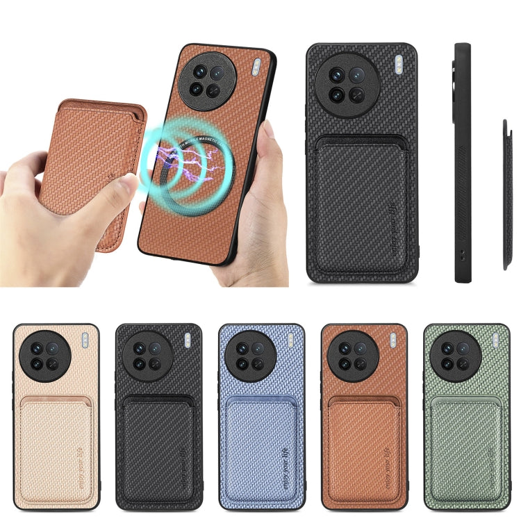 For vivo X90 Carbon Fiber Leather Card Magsafe Phone Case(Brown) by bashfashion