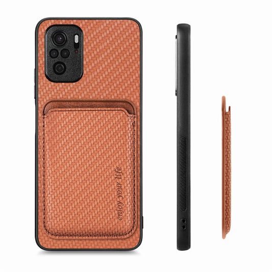 For Xiaomi Redmi Note 10 4G Carbon Fiber Leather Card Magnetic Phone Case(Brown) by bashfashion
