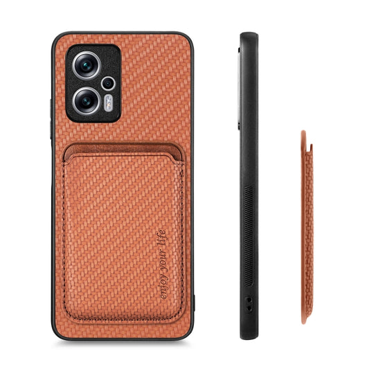 For Xiaomi Redmi Note 11T Pro 5G Carbon Fiber Leather Card Magnetic Phone Case(Brown) by bashfashion