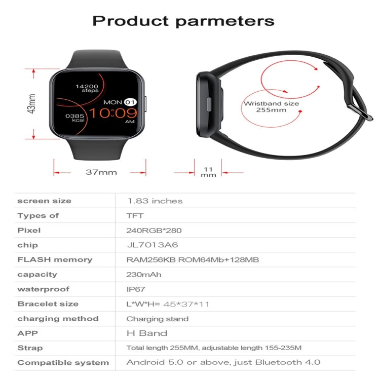 Y83 1.83 inch Color Screen Smart Watch,Support Heart Rate / Blood Pressure / Blood Oxygen / Blood Glucose Monitoring(Black) by bashfashion