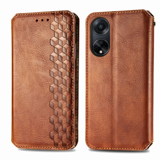 For OPPO A98 Cubic Grid Pressed Magnetic Leather Phone Case(Brown) by bashfashion