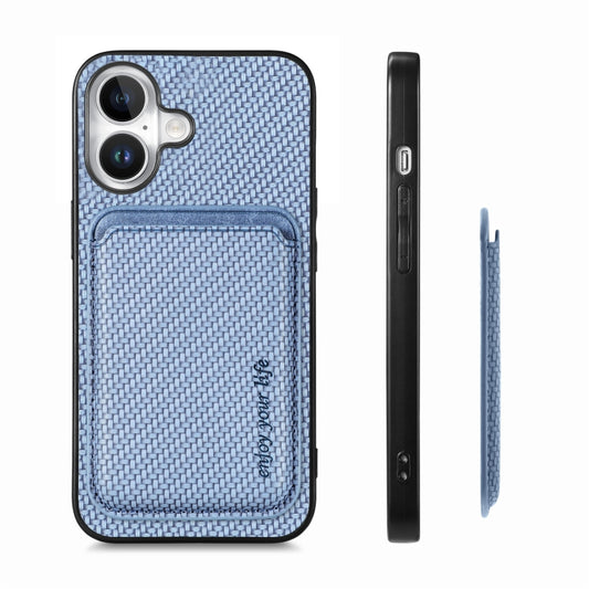 For iPhone 16 Carbon Fiber Leather Card Magsafe Phone Case(Blue) by bashfashion