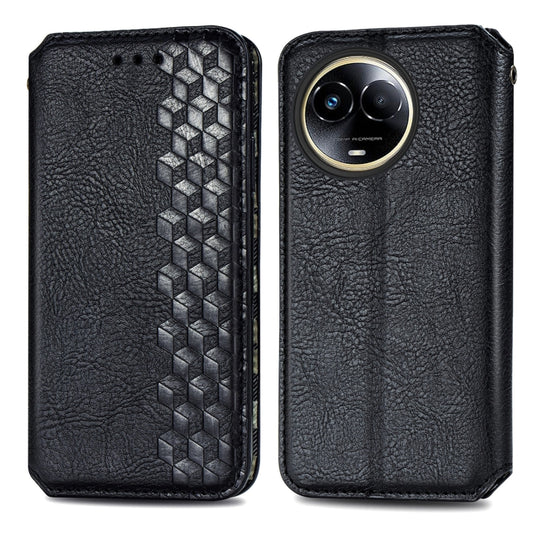 For Realme 11 5G Global Cubic Grid Pressed Magnetic Leather Phone Case(Black) by bashfashion