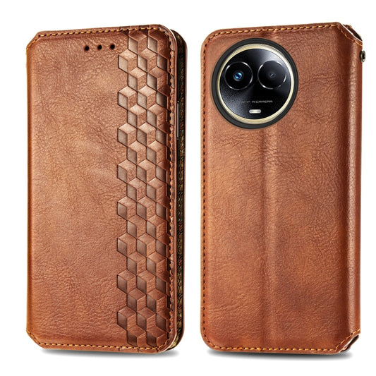 For Realme 11 5G Global Cubic Grid Pressed Magnetic Leather Phone Case(Brown) by bashfashion