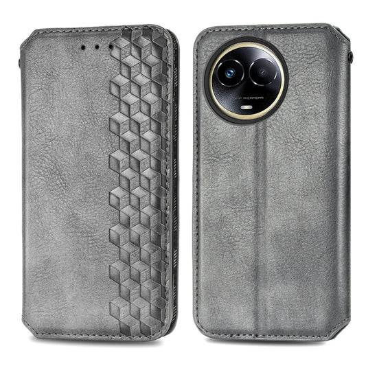 For Realme 11 5G Global Cubic Grid Pressed Magnetic Leather Phone Case(Grey) by bashfashion