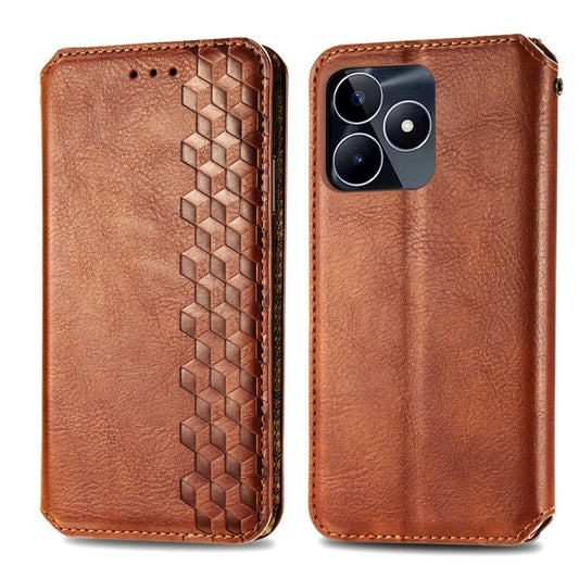 For Realme C53 Cubic Grid Pressed Magnetic Leather Phone Case(Brown) by bashfashion