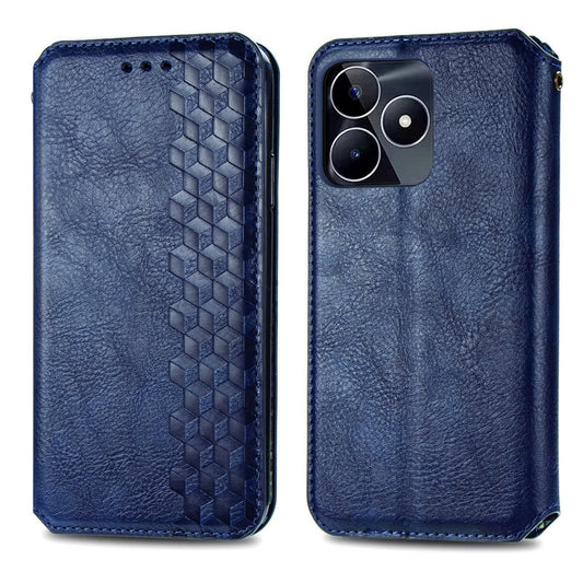 For Realme C53 Cubic Grid Pressed Magnetic Leather Phone Case(Blue) by bashfashion