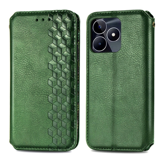 For Realme C53 Cubic Grid Pressed Magnetic Leather Phone Case(Green) by bashfashion