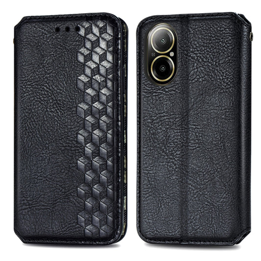 For Realme C67 4G Cubic Grid Pressed Magnetic Leather Phone Case(Black) by bashfashion