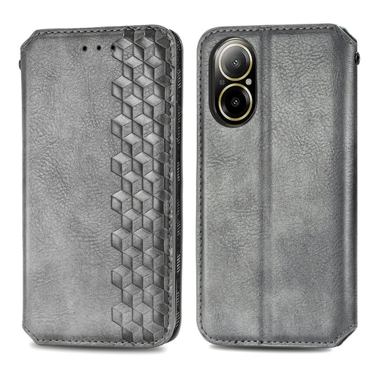 For Realme C67 4G Cubic Grid Pressed Magnetic Leather Phone Case(Grey) by bashfashion